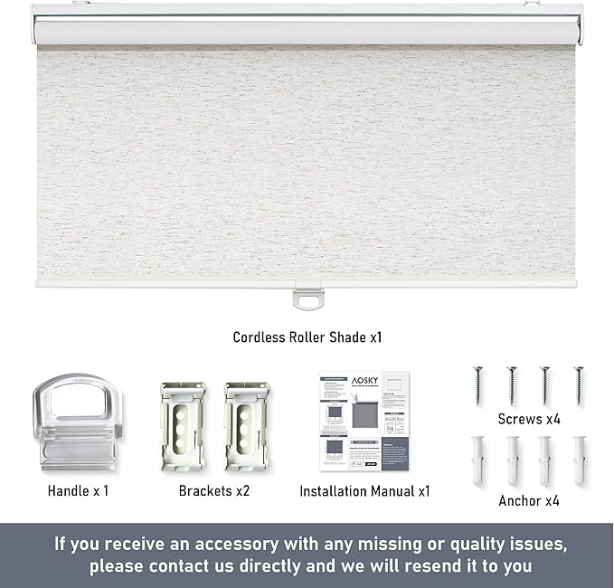 Cordless Roller Shades Blackout Blinds for Windows Room Darkening Rolled Up Shades with Spring System, UV Protection Natural Linen Fabric Window Shades Door Blinds for Home（21" W x 72" H, Linen Cream