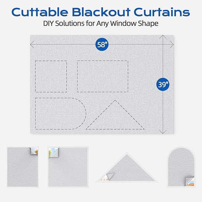 Linen Blackout Curtains for Bedroom, 39" x 58" Portable Black Out Blinds with 20 Sets Hooks & Loops Strips for 100% Blackout Window Film, Temporary Black-out Shades for Windows Cover Travel RV- Gray