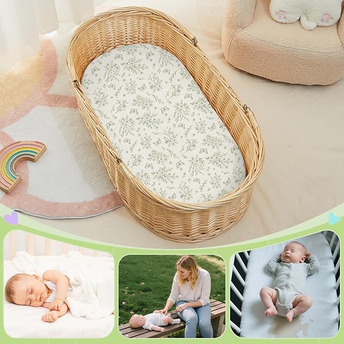 FIOBEE Baby Bassinet Sheets for Girls Boys 2 Pack Waterproof Bassinet Mattress Elastic Fitted Crib Sheets Universal Fit for Hourglass Oval and Rectangle Bassinet Sheet, Green