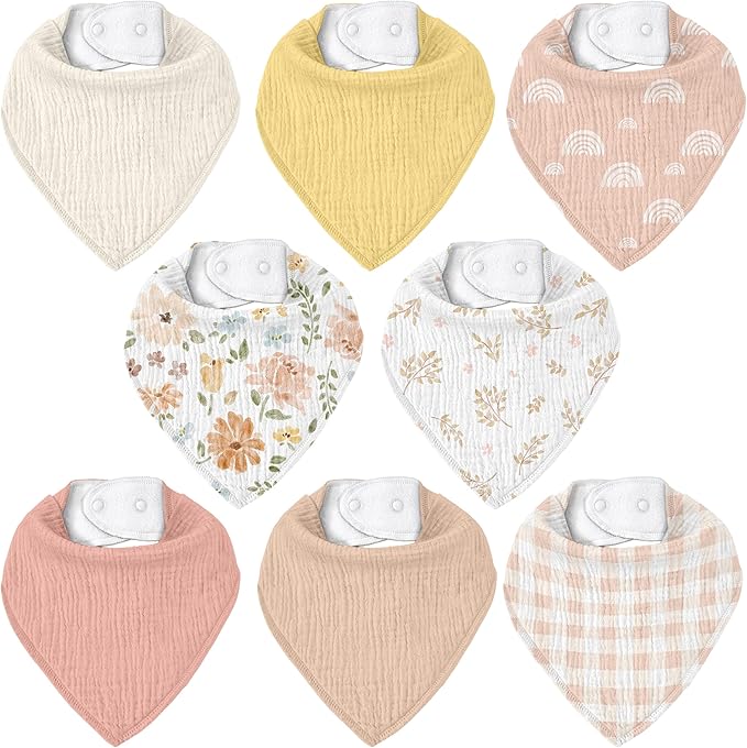 CIVARUA KIDS Muslin Baby Bibs 8 Pack, Baby Bandana Drool Bib for Drooling and Teething, Cotton Soft Absorbent for Girls Boys
