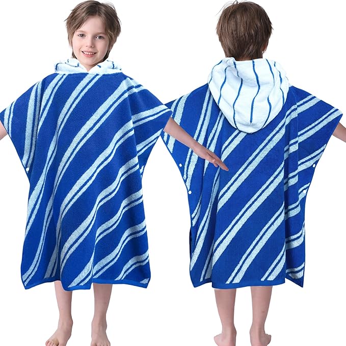 VOOVA & MOVAS Kids Hooded Poncho Towels (4-8Years,27.5"x27.5"),100% Cotton Soft Absorbent Towel for Boys,Perfect for Bathroom | Pool | Beach | Swimming, Jacquard Blue Stripe