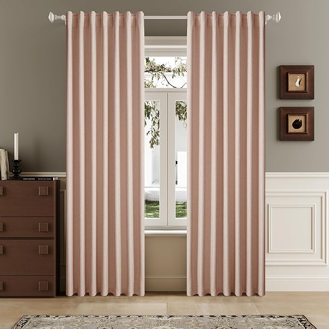 DUALIFE Full Blackout Baby Pink Curtains 63 Inch Long Linen Textured Curtains Thermal Insulated Heat Blocking Noise Reducing Vintage Drapes for Nursery Bedroom Rod Pocket&Back Tab 2 Panels 50W x 63L