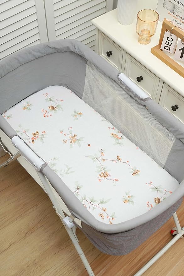 Onacosht Muslin Bassinet Sheets 3 Pack, 100% Cotton Baby Fitted Sheet 33" x 19" Compatible with Mika Micky, KoolaBaby (3 in 1), BabyBond, HARPPA and RICUTON Bedside Bassinet, Green and Botanical