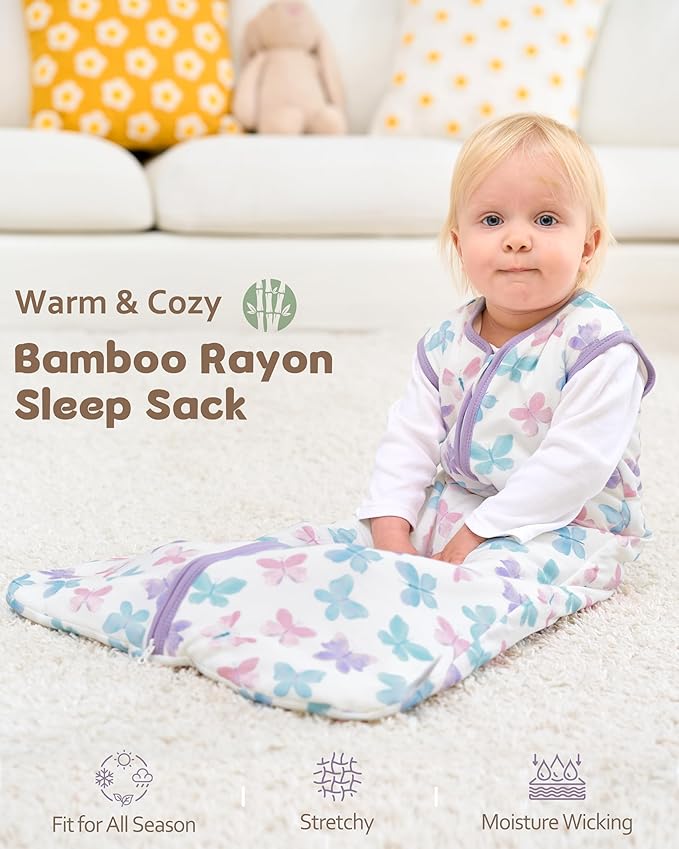 FIEMOL Rayon Made from Bamboo Baby Sleep Sack 12-18 Months, 1.0 Tog Baby Wearable Blanket, Soft Sleeping Bag for Infant Toddler Babies with 2-Way Zipper 2 Pack (Large) Purple Butterfly