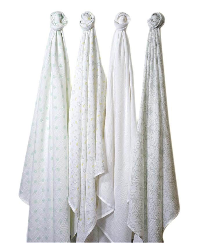 SwaddleDesigns Cotton Muslin Swaddle Blankets, Set of 4, Receiving Blankets for Baby Boys & Girls, Best Shower Gift, 46x46 inches, Goodnight Starshine