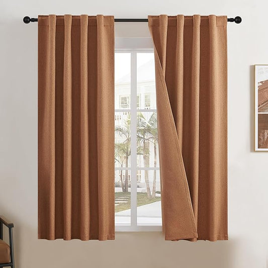DUALIFE Burnt Orange Blackout Linen Curtains Short 2 Panels Set 54 Inch Length for Kitchen Living Room Rod Pocket Back Tab Hook Belt Boho Fall Door Curtains for Bedroom W34 x L54 Rust