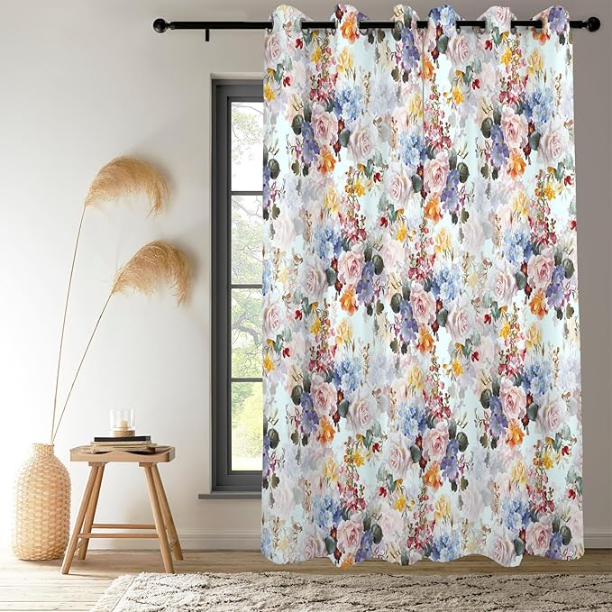 Renaiss Rustic Flower Window Curtains Watercolor Florals Painted for Living Room Decor Thermal Insulated Blackout Curtains for Bedroom Window Treatment & Drapes Grommet 53W x 108L Inch 2 Panel Set