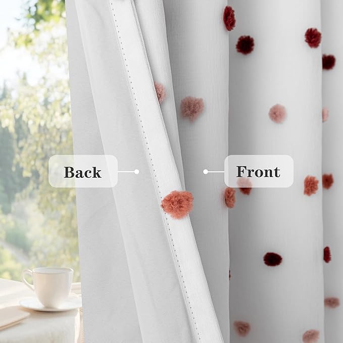 MEETSKY 100% Blackout Curtains for Girls Bedroom 95 Inch Long Light Blocking Thermal Curtains for Living Room 2 Panels Room Darkening Grommet Double Layer Drapes with Red Pom Pom 52W x 95L