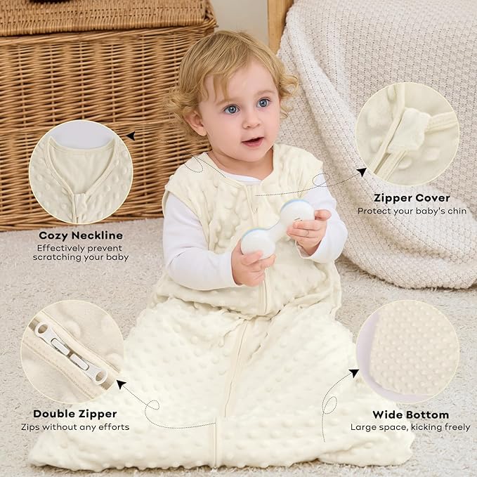 FIEMOL Fleece Baby Sleep Sack 12-18 Months, 1.5 TOG Cotton Baby Wearable Blanket With Soft Plush Dots, 2 Pack Newborn and Infant Warm Sleeping Sack with 2-Way Zipper Beige&Green