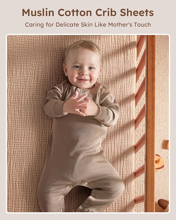 Muslin Crib Sheets for Boys Girls, 100% Cotton Fitted Crib Sheet 2 Pack for Standard Crib and Toddler Mattress, Breathable Soft Baby Sheet 28x52x8in Beige & Brown