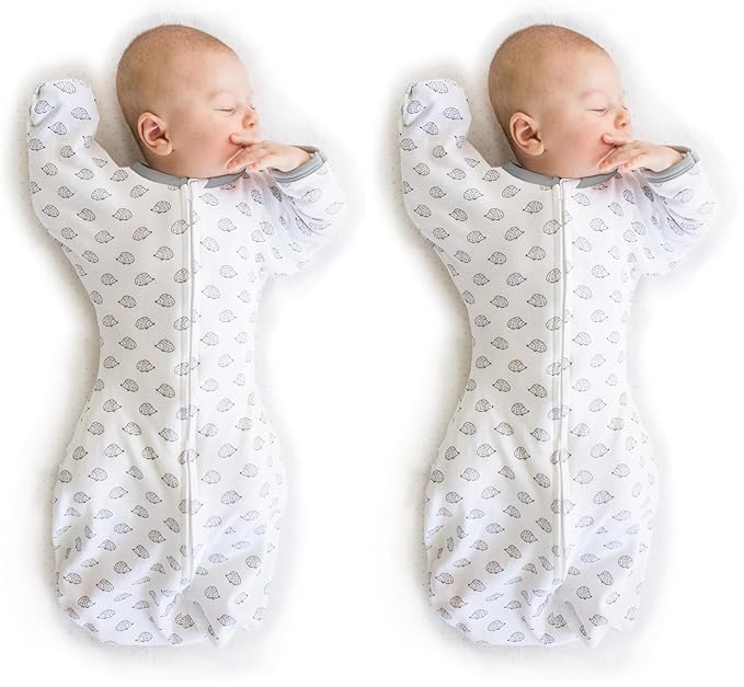 SwaddleDesigns Transitional Swaddle Sack with Arms Up Half-Length Sleeves and Mitten Cuffs, Tiny Hedgehogs, Small, 0-3mo, 6-14 lbs (Better Sleep for Baby Boys, Baby Girls, Easy Swaddle (Pack of 2)