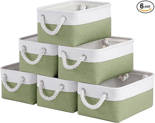 Storage Baskets for Shelves 11.8x7.9x5.2 Inch, Foldable Fabric Storage Bins with Handles, Small Storage Baskets for Organizing Closet, Office, Home Organization (6-Pack, White&Green)