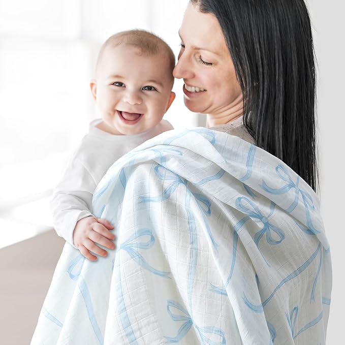 2-Pack 100% Cotton Muslin Swaddle Blankets, Large 47 x 47 Inches — Breathable Soft Receiving Blankets for Newborns, Swaddling Wraps, Baby Essentials, Registry Gift (Rose & Bow Duo)