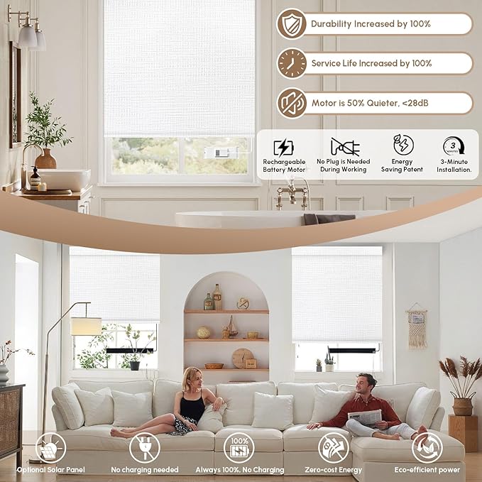 Kincmo No Drill Motorized Blinds with Remote, 100% Blackout Roller Shades for Windows, Custom Electric Blinds Compatible with Alexa, Apple Homekit, Google Home (100% Blackout Weave White)