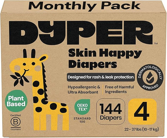 DYPER Monthly Pack Baby Diapers Size 4 (22-37 lbs) 144 Count - Leak-Proof & Plant Based, Hypoallergenic and Ultra Absorbent Size 4 Diapers for Day and Overnight Skin Protection (Packaging May Vary)