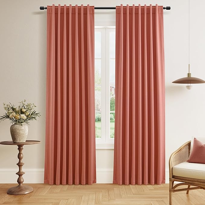 Guken 100% Blackout Curtains 84 Inch Length 2 Panels Set for Living Room Bedroom Back Tab Thermal Insulated Black Out Linen Drapes Room Darkening Coral,52x84