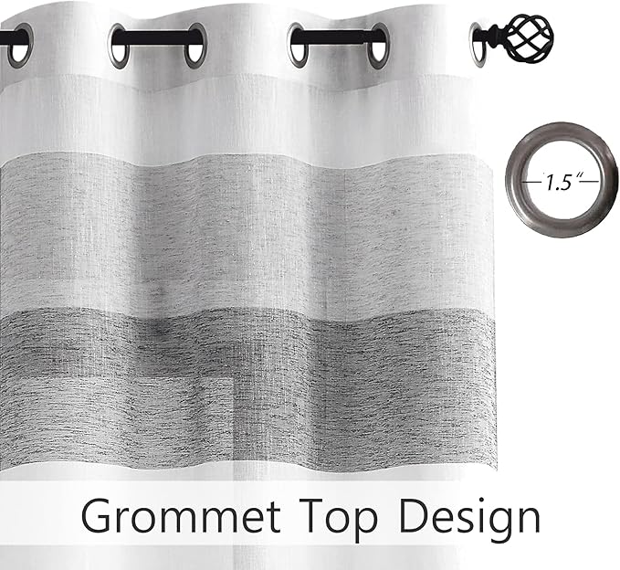 Central Park Gray Charcola Stripe Sheer Color Block Window Curtain Panel Linen Window Treatment for Bedroom Living Room Farmhouse 95 inches Long with Grommets, 2 Panel Rustic Drapes