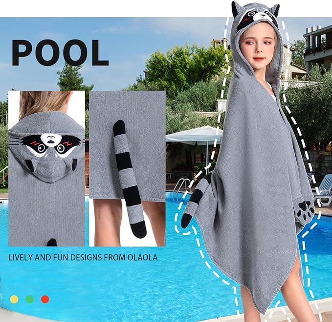 OLAOLA Raccoon Hooded Towel for Kids 3-12 Years, 28" x 53" Soft Thick Absorbent Beach Towels, Toddler Bath Towel Wrap, Swim Pool Towels Poncho for Boys Girls