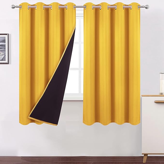 LEMOMO 100% Blackout Yellow Curtains with Black Lining/52 x 63 Inch/Set of 2 Panels Thermal Insulated Room Darkening Curtains for Bedroom