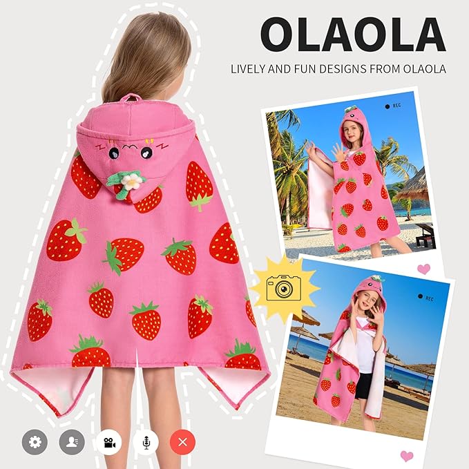 OLAOLA Strawberry Hooded Towel for Kids 3-12 Years, 28" x 53" Soft Thick Absorbent Beach Towels, Toddler Bath Towel Wrap Swim Pool Towels Poncho for Boys Girls