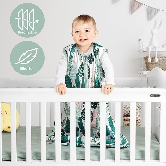 BSTOPPT 3 Pack Baby Sleep Sack 0-6 Months 100% Rayon Cotton Baby Sleeping Bag 2-Way Zipper Toddler Wearable Blankets Comfy Stretchy Lightweight TOG 0.3 （Banana&leaf&green）