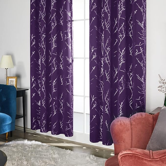 Deconovo Blackout Curtain, Purple Curtains, Thermal Insulated Soundproof Grommet Drapes, Silver Tree Foil Print, 42 x 84 Inch, 2 Panels, Machine Washable Window Panel for Living Room Bedroom Office