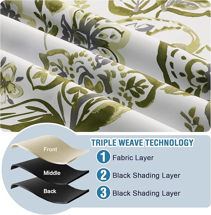 H.VERSAILTEX 100% Blackout Curtains for Bedroom Paisley Floral Printed Curtains 63 Inches Long Grommet Curtains & Drapes Thermal Curtains Window Treatments with Black Liner 2 Panels, Olive