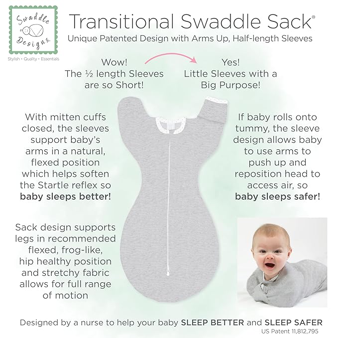 SwaddleDesigns Transitional Swaddle Sack, Arms Up Half-Length Sleeves & Mitten Cuffs,Swaddle for Newborn Transition to Baby Sleep Sack Wearable Blanket, Large, 6-9 Month, 21-24 lb, Heathered Butterum