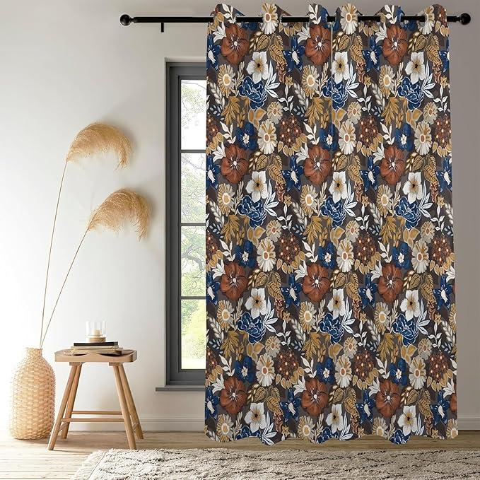 Renaiss Bohemian Floral Blackout Curtains, Blue Brown White Flower Thermal Insulated Bedroom Window Curtains, Boho Style Patterned Window Curtains for Kitchen, 63" L x 53" W 2 Panel Set