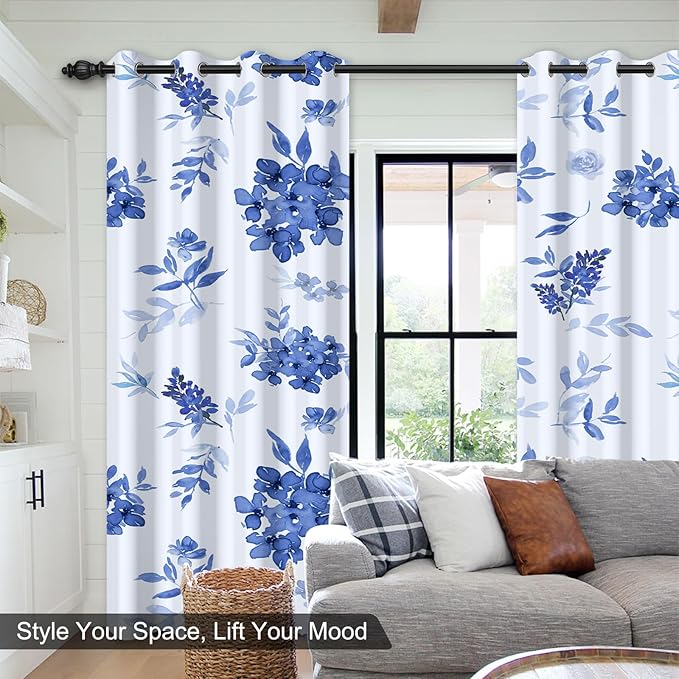 Blackout Curtains 84 inch Length 2 Panels Set, Blue Floral Print Thermal Privacy Grommet Winter Black Out Curtains for Bedroom with Black Liner, Rustic Soundproof Window Drapes for Living Room Nursery
