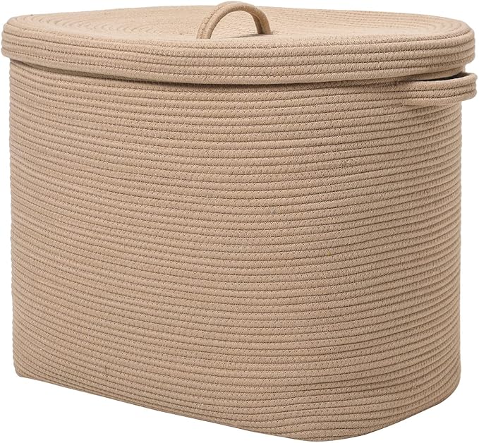 22"x14"x18" Rectangular Extra Large Storage Basket With Lid, Large Cotton Rope Storage Basket, Woven Laundry Hamper, Cloth Storage Bin, for Clothes Towels Blankets in Living Room, All Beige