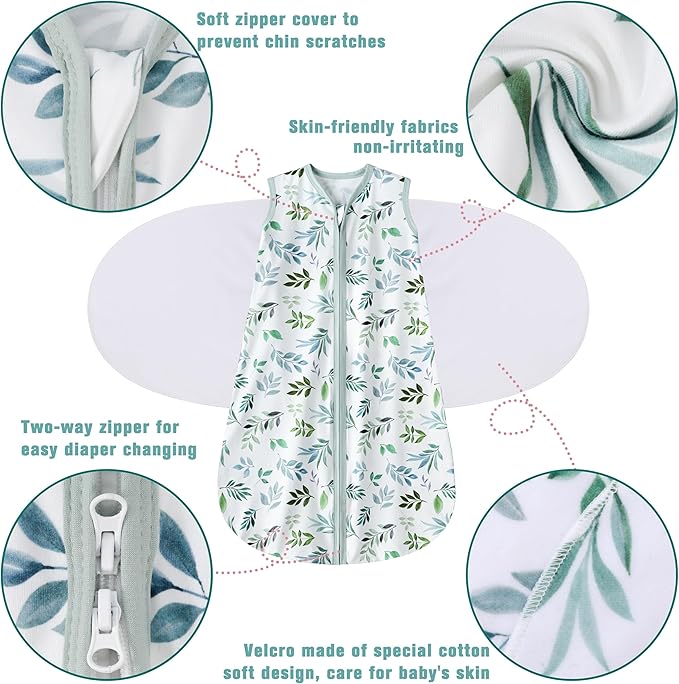 BSTOPPT Newborn Sleep Sack Baby Swaddle,Swaddle me 3-6 Month,3-Way Adjustable Wearable Blanket,100% Rayon Cotton Swaddling Sleeping Bag，TOG 0.5 (Leaf, 3-6 Months)