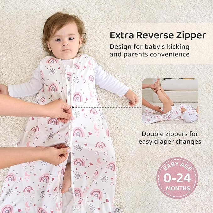 FIEMOL Baby Sleep Sack 0-6 Months, 0.5 TOG Wearable Blanket for Baby Boy and Girl, 2-Way Zipper Newborn and Infant Sleeping Bag 2 Pack, Lightweight Sleep Sacks Pink Rainbow（Small）