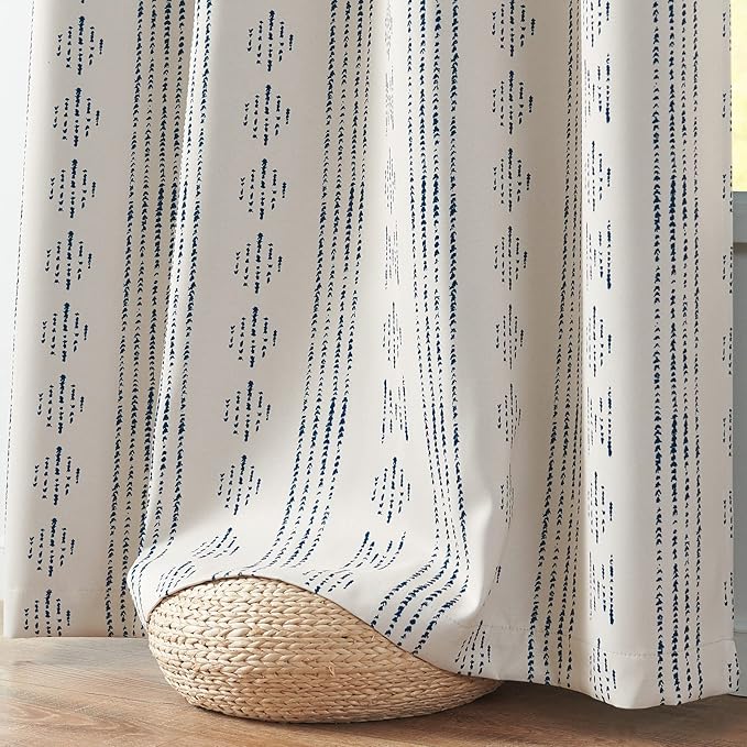 jinchan 95% Blackout Boho Curtains 96 Inch Length for Bedroom Living Room Blue on Beige Geometric Printed Grommet Top Room Darkening Thermal Insulated Window Drapes 2 Panels