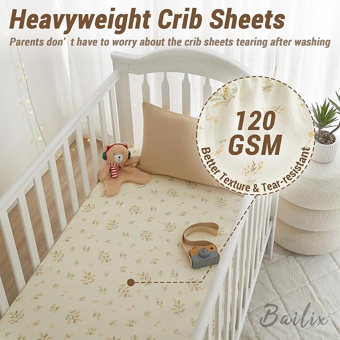 Heavyweight Muslin Baby Crib Sheets - 2PCS 52"x28" Neutral Fitted Crib Sheets for Boys Girls, Breathable Soft 100% Organic Cotton Standard Baby Mattress Sheet (Sage Green, Leaf)