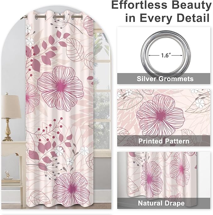 Blackout Curtains for Girls Bedroom, Pink Floral Black Out Curtains for Living Room Nursery 84 Inch Length 2 Panels Set, Room Darkening Grommet Thermal Curtains Farmhouse Soundproof Window Drapes