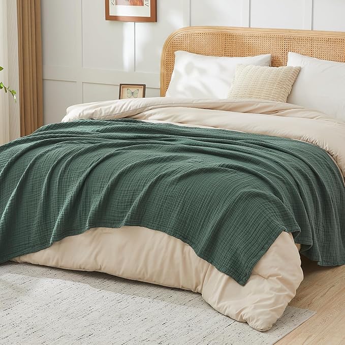 EMME Cotton Muslin Queen Blanket Bed Layering Breathable Gauze Blanket Soft Lightweight Blankets Adults (Forest Green, 90"x90")
