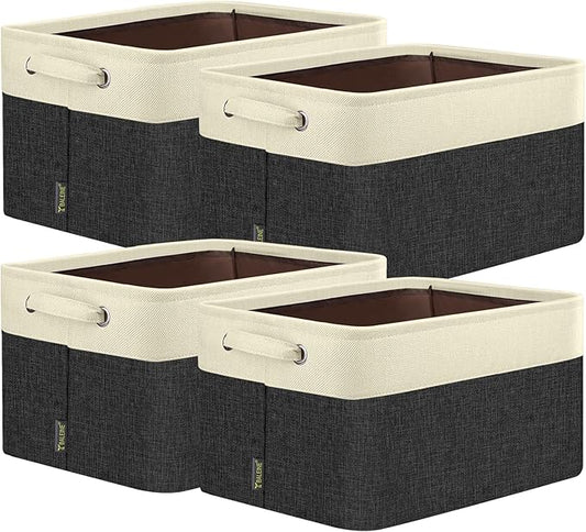 BALEINE 4 Pack Fabric Storage Bins for Shelves, Linen Storage Baskets for Organizing, Decorative Closet Bins for Clothes, Home (Black, 17''x13''x10.5'')