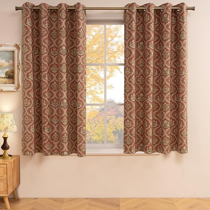 ColorBird Blackout Thermal Curtains for Winter Insulated Burnt Orange Block Print Floral Patterned Farmhouse Vintage Drapes 63 Inch Drapes for Bedroom Living Dining Room Window Treatments