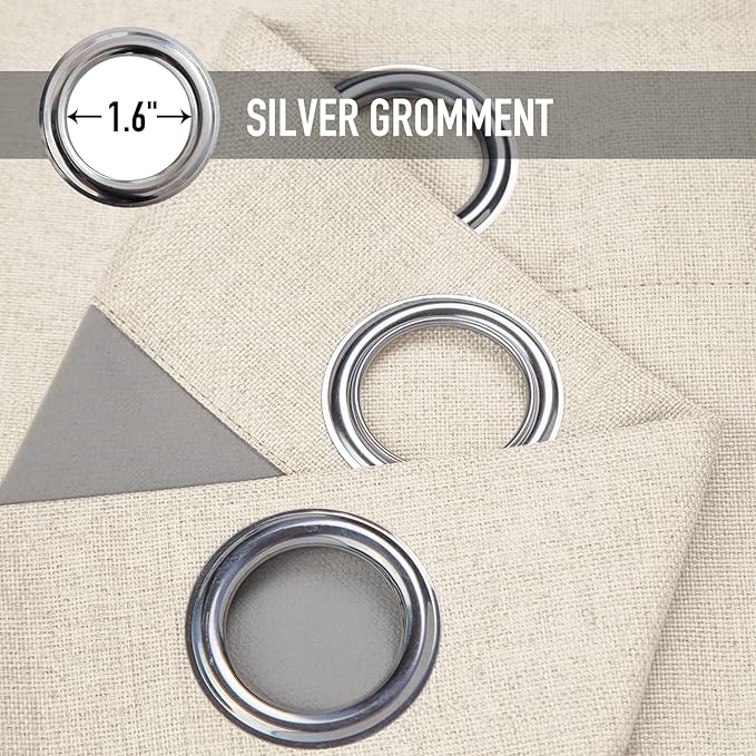 100% Blackout Shield Linen Blackout Curtains for Bedroom, Cream Grommet Curtains for Living Room, Thermal Insulated Room Darkening Drapes for Nursery, Boho Home Decor, 50" W x 63" L, 2 Panels