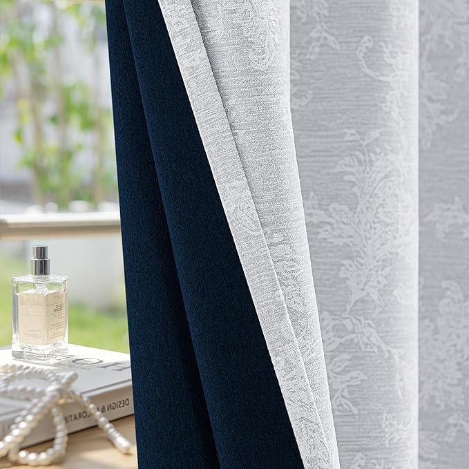 FMFUNCTEX Grey Floral Jacquard Blackout Curtains 96 Inches Long for Bedroom, Scroll Flower Chenille Farmhouse Curtains for Living Room Darkening Thermal Insulated Grommet Window Drapes 2 Panels