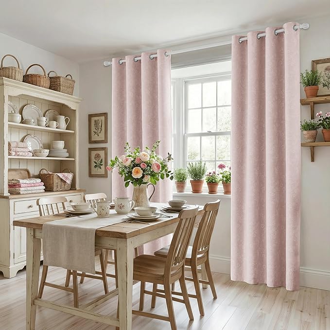 Beauoop Pink Floral Jacquard Blackout Curtains 63 Inches Long 2 Panels for Living Room Bedroom Chenille Flower Room Darkening Thermal Insulated Soundproof Grommet Window Drapes, 52x63 Set of 2