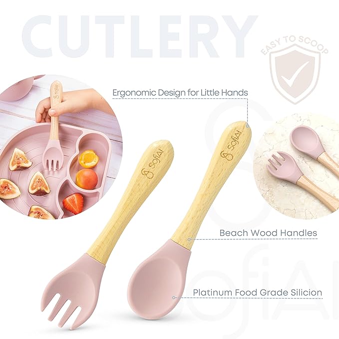 SofiAl All In One Silicone Feeding Set - Safe for 6-12 Months - Non-Toxic Baby Led Weaning Supplies - Toddler Self Feeding Utensils - BPA-Free - Mess Free Essentials