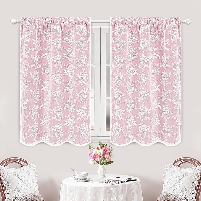 Yinhua Pink Kitchen Curtains 36 Inch Length Double Layer Blackout Cafe Curtains with Floral Sheer Overlay Rod Pocket Short Curtain for Windows, Small Window Curtain for Bathroom, Living Room, 2 Panels