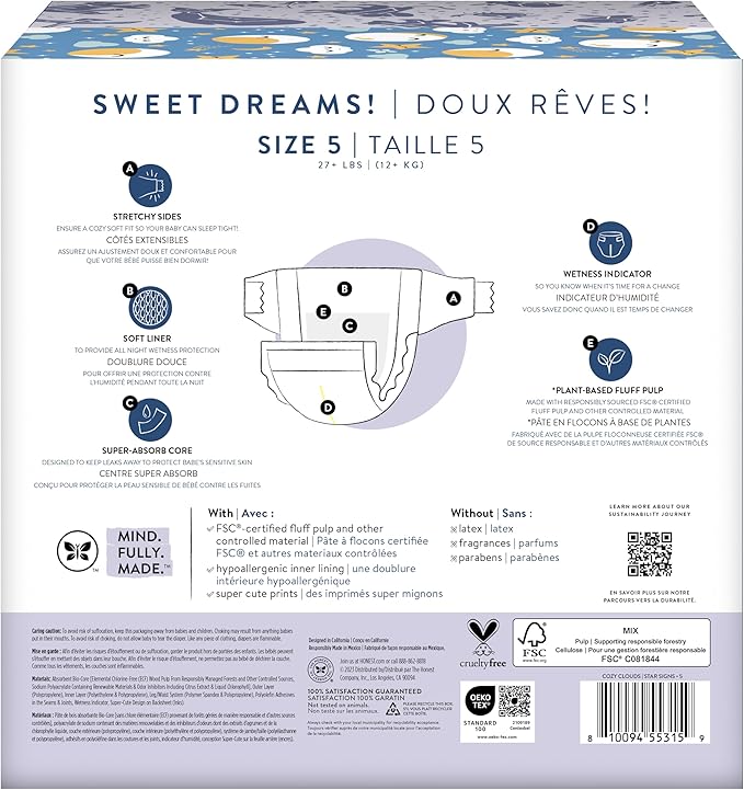 The Honest Company Comfort Dry Disposable Overnight Diapers for Sensitive Skin, Hypoallergenic, Baby Cozy Cloud and Star Signs Design Club Box Size 5 (27 lbs) 40 Count