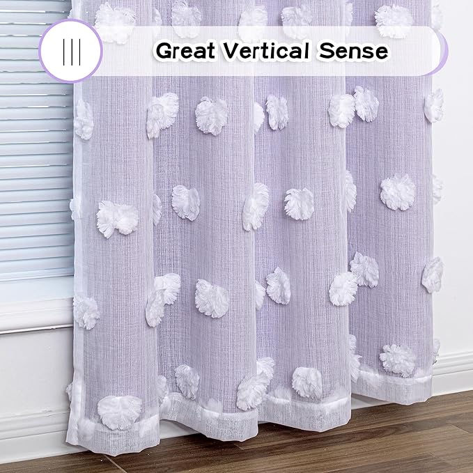 MYSKY HOME Lilac Curtains for Living Room 84 Inches Long Pom Pom White Sheer Curtains for Girls Room Nursery Curtains Double Layer for Toddler Bedroom Grommet Room Darkening Window Panels 52 x 84 in