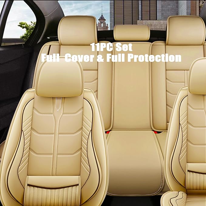 Amooca Car Seat Covers Full Set Automotive Seat Protection Fit for Most Cars SUVs Front & Back Seats Waterproof Nappa Leather Car Seat Cushion Protector Beige