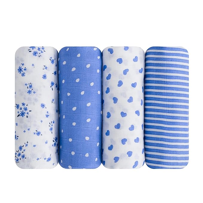 Viviland Muslin Swaddle Blanket, Baby Swaddle Blanket for Boys & Girls, Nursery Receiving Blanket for Newborn, Baby Swaddle Wrap Soft Silky & Breathable, 4 Packs, 47 X 47In, Blue Floral