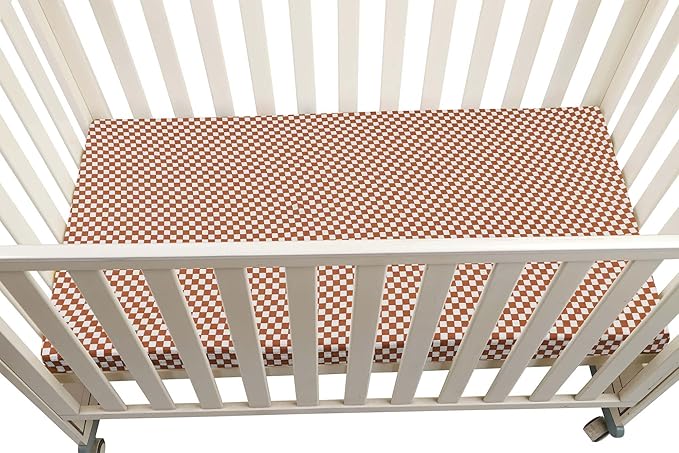Onacosht Muslin Crib Sheets for Boys Girls, Soft Breathable 100% Cotton Baby Fitted Sheet 52" x 28" for Standard Toddler Crib Mattress, 2 Pack, Checker and Brown