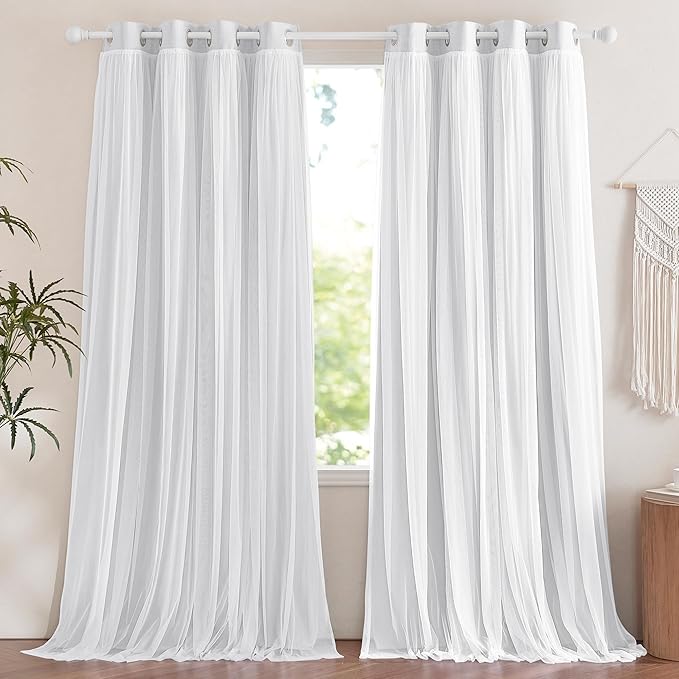 NICETOWN Linen Curtains with Sheer Overly 84 Inch Length 2 Panels for Living Room Grommet Top Farmhouse Bedroom Curtain Privacy Double Layer Curtain Drapes for Home Decor, 2 Panels, Greyish White